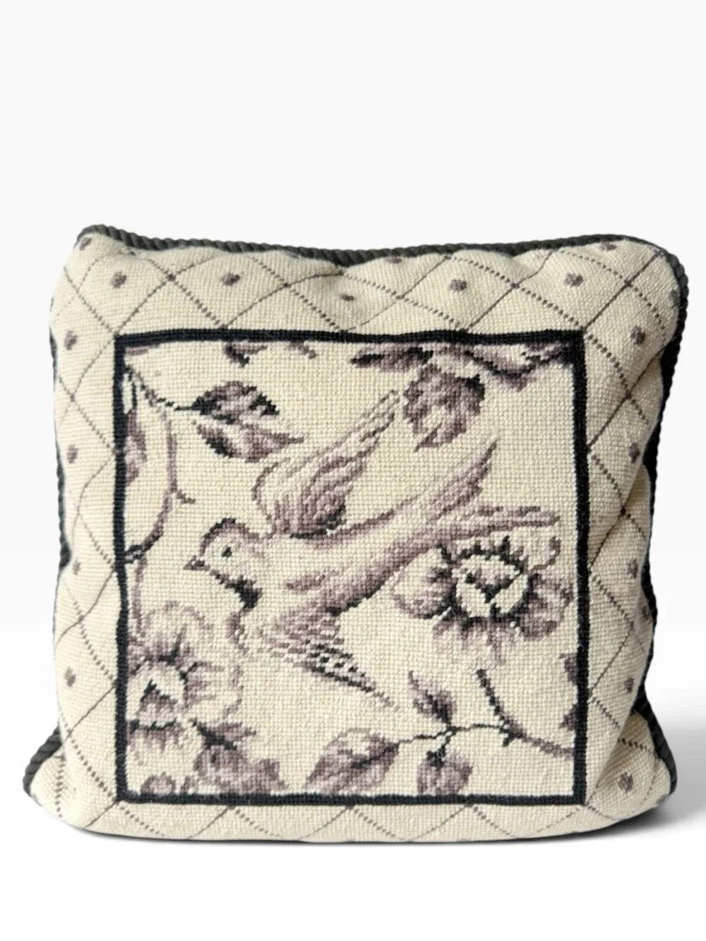 Vintage Bird Lattice Floral Square Needlepoint Decorative Pillow 15x15 in. #2